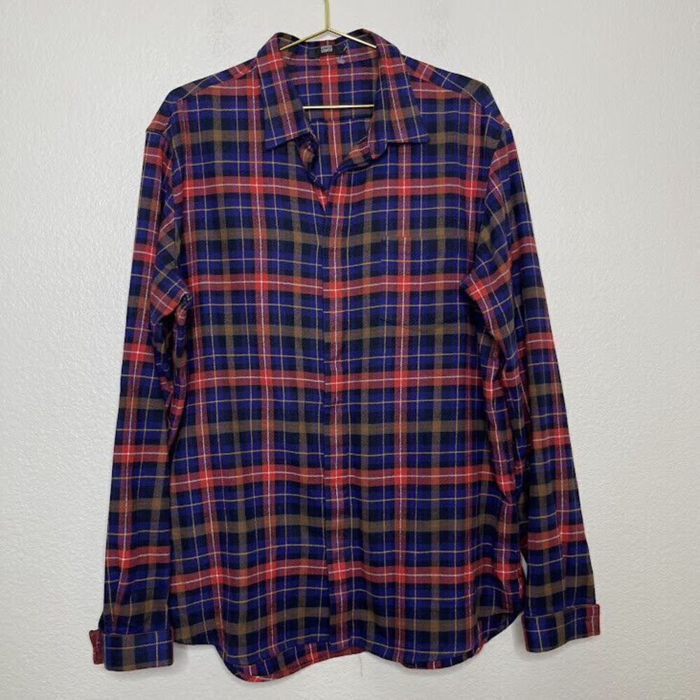 Markus Lupfer Mens XL 18/45 Plaid Tartan Shirt Red Blue Cotton Button Up Casual